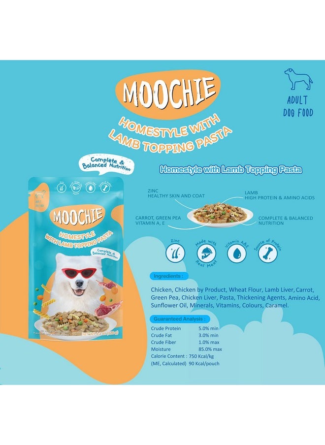 بتس إمباير - طعام الكلاب الرطب من Moochie Homestyle، وجبة جافي خالية من الحبوب، عبوة متنوعة مع معكرونة مغطاة بلحم الضأن، وصفة دجاج مغطاة بأرز وحساء دجاج، أطعمة غنية بالبروتين للكلاب البالغة (120 جرام × 6) - Image 1