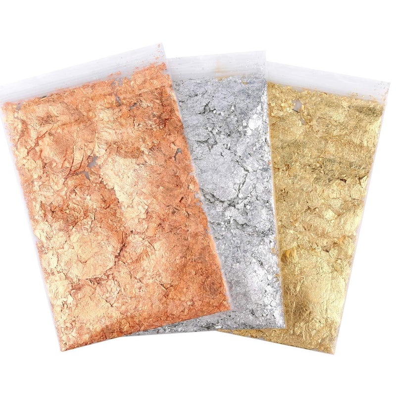 Snoogg Gold Foil Flakes for Resin Imitation for Nails Painting CraftsSlime and Resin Jewelry MakingGoldSilverCopper Colors Pack of 3 Color 5 Gram Each - Image 1