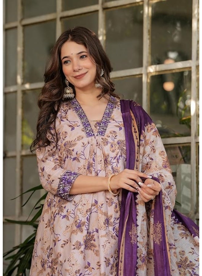 YASHIKA طقم ياشيكا نسائي من قماش كريمي مطبوع، يتكون من قميص وبنطال وشال | طقم قميص نسائي | كريمي | مقاس صغير - Image 2