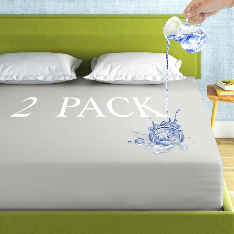 Parkdeny 2 Pack Mattress Protector Twin Size 100% Waterproof Fitted Mattress Cover  Breathable Noiseless & Machine Washable Bed Cover Deep Pocket from 5"" to 21""  Bed Protector for Pets Kids Adults Light Grey - Image 1