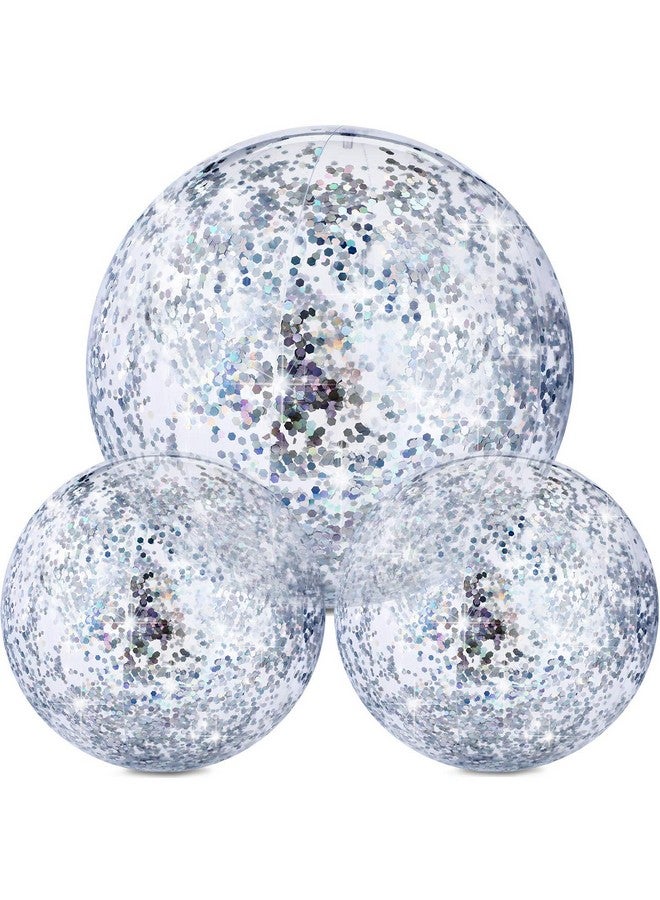 Hsei 3 Pcs Inflatable Beach Ball 16 Inch Glitter Summer Swimming Pool Balls Floatable Confetti Blow up Toys Decorations for Beach Wedding Outdoor Party Favor(Silver) - Image 1