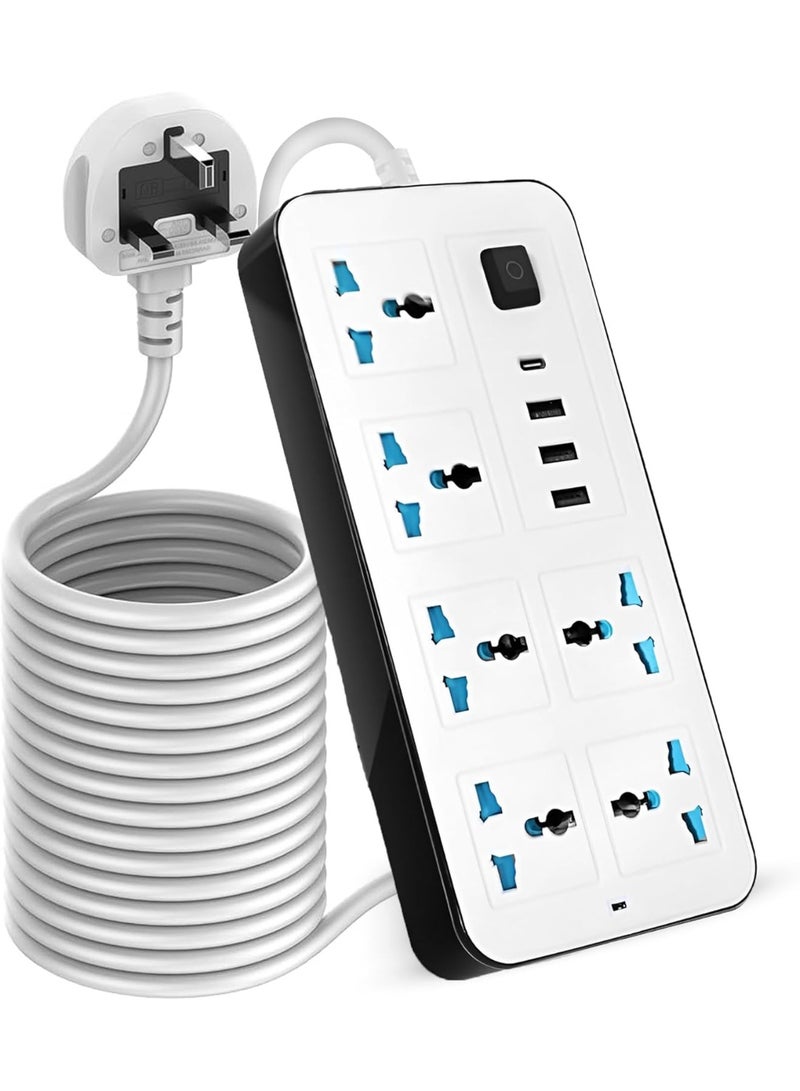 PowerMax 5 meters Universal Extension 5M Power Strip 3 Pin Outlet Sockets with 6 Gang 3 USB Port 1 Type-C Port 5M Electrical Sockets Main Strip for Home Kitchen Office 5 MetersLead with Multiple Function UK Plug 3 Pin Socket Outlet with 6 Gang 3 USB Port 1 Type-C Port 5M Electric Socket Mains Strip for Home Kitchen and Office 5 meters - Image 1