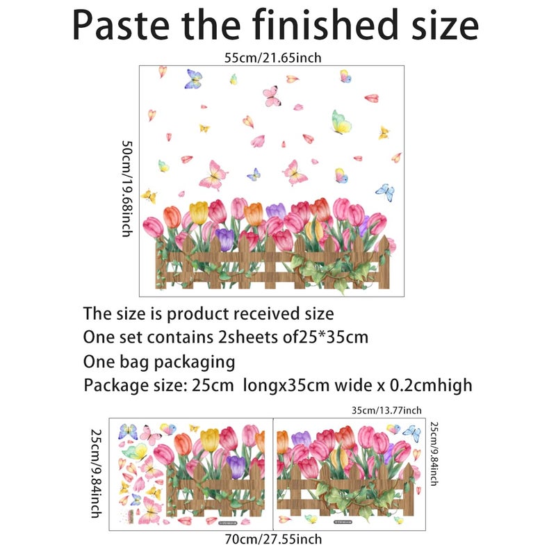 Incholl 2 Pieces Tulips Wall Decals Vinyl Flowers Wall Stickers Removable Floral Art Murals Peel and Stick Colorful Tulips Fence Butterfly Decor for Girls Bedroom Living Room Nursery - Image 2