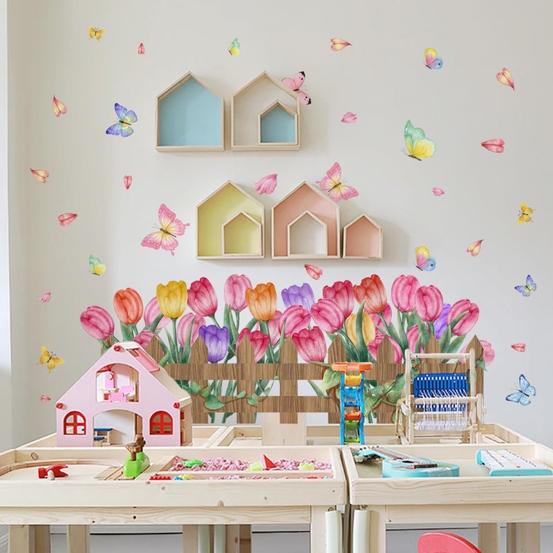 Incholl 2 Pieces Tulips Wall Decals Vinyl Flowers Wall Stickers Removable Floral Art Murals Peel and Stick Colorful Tulips Fence Butterfly Decor for Girls Bedroom Living Room Nursery - Image 5