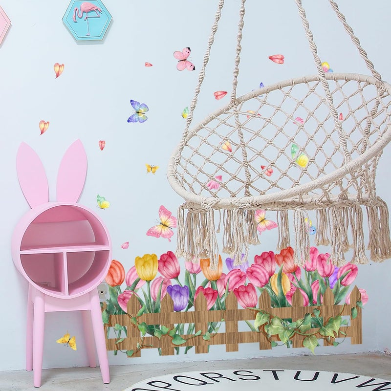 Incholl 2 Pieces Tulips Wall Decals Vinyl Flowers Wall Stickers Removable Floral Art Murals Peel and Stick Colorful Tulips Fence Butterfly Decor for Girls Bedroom Living Room Nursery - Image 4