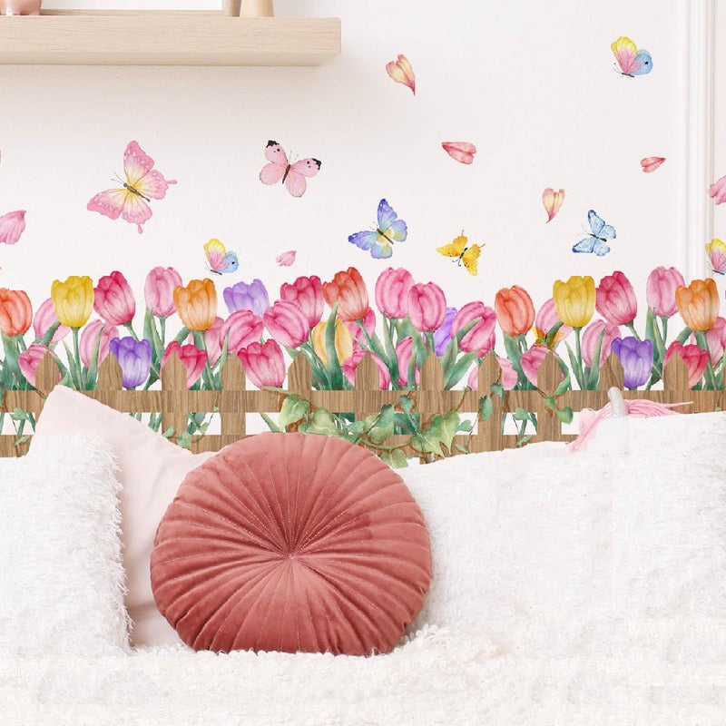 Incholl 2 Pieces Tulips Wall Decals Vinyl Flowers Wall Stickers Removable Floral Art Murals Peel and Stick Colorful Tulips Fence Butterfly Decor for Girls Bedroom Living Room Nursery - Image 1