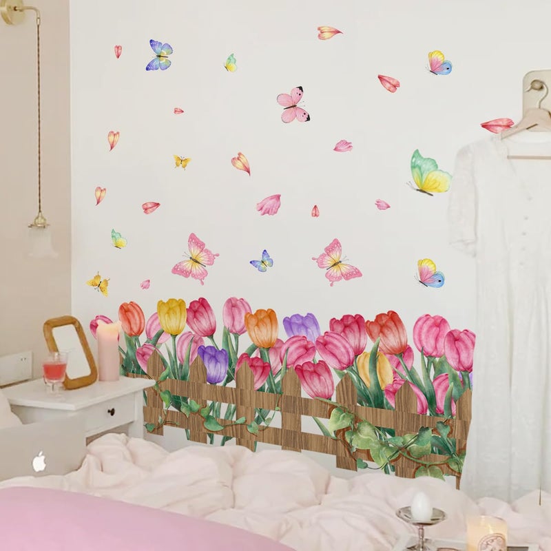 Incholl 2 Pieces Tulips Wall Decals Vinyl Flowers Wall Stickers Removable Floral Art Murals Peel and Stick Colorful Tulips Fence Butterfly Decor for Girls Bedroom Living Room Nursery - Image 3