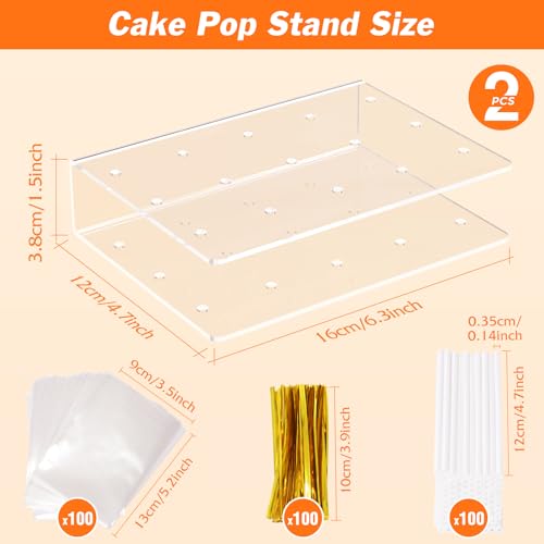 Dooiclear 2 Pack Cake Pop Stand with Sticks Kit, Acrylic Lollipop Hold Stand, Clear Cake Pop Display Holder, 15 Holes Candy Pop Holder with 100 Pcs Sticks, 100 Pcs Clear Wrappers, 100 Pcs Gold Twist Ties - Image 2