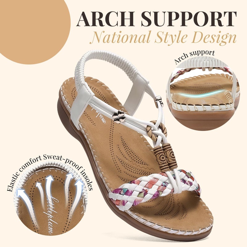 Littleplum Women Sandals Arch Support Handmade Bohemian Braided Flat Sandals Comfort Walking Beach Ankle Elastic Summer Shoes White Size 8.5 - Image 4