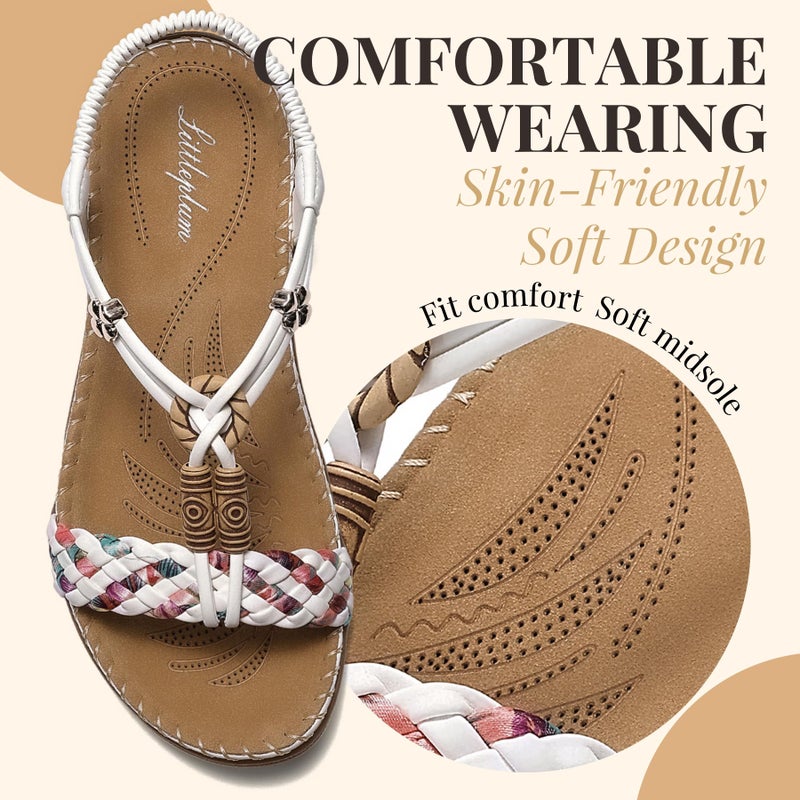 Littleplum Women Sandals Arch Support Handmade Bohemian Braided Flat Sandals Comfort Walking Beach Ankle Elastic Summer Shoes White Size 8.5 - Image 5