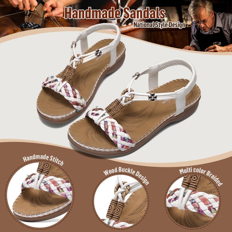 Littleplum Women Sandals Arch Support Handmade Bohemian Braided Flat Sandals Comfort Walking Beach Ankle Elastic Summer Shoes White Size 8.5 - Image 3