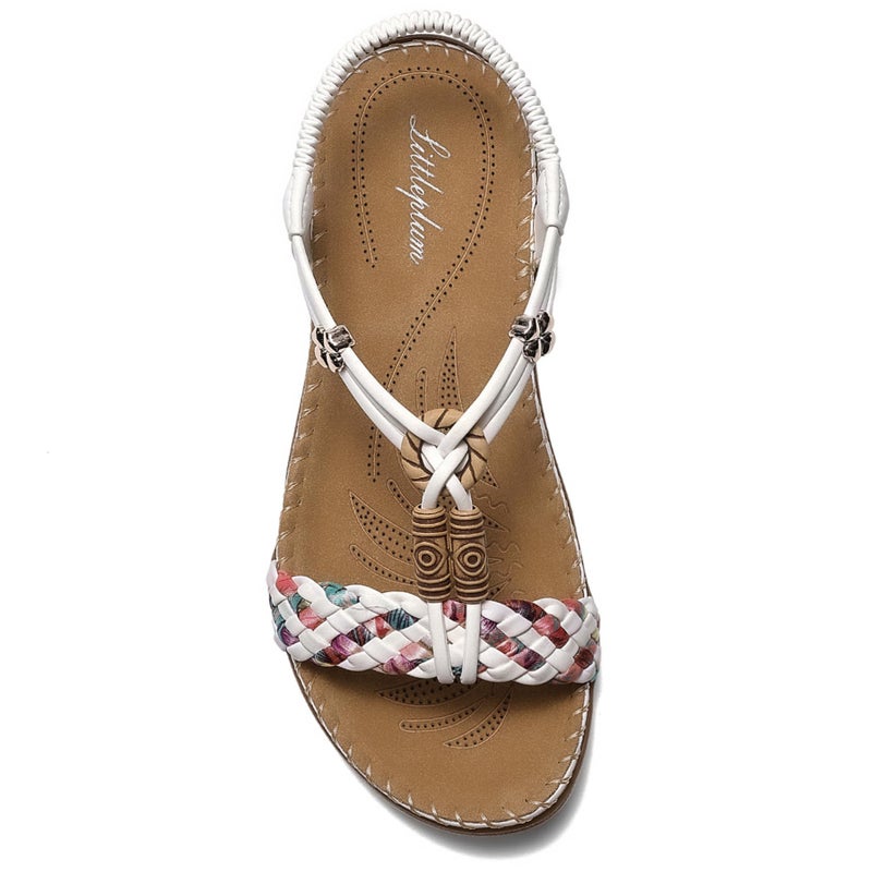 Littleplum Women Sandals Arch Support Handmade Bohemian Braided Flat Sandals Comfort Walking Beach Ankle Elastic Summer Shoes White Size 8.5 - Image 1