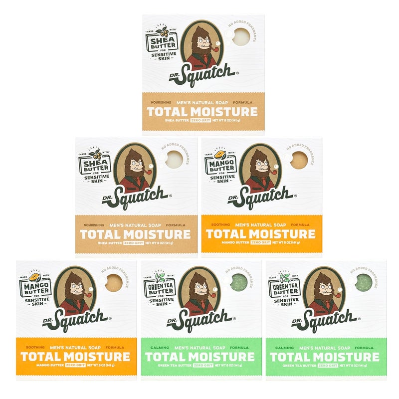 Dr. Squatch Dr Squatch NEW Total Moisture Mens Bar Soap  6Pack Unscented Shea Butter Mango Butter Green Tea Butter  No Added Fragrance  Nourish Smooth and Calm Skin  Formulated for Sensitive Skin