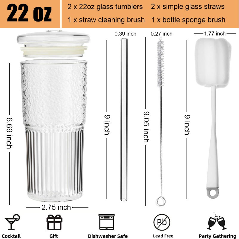 ALINK Glass Cups with Lids and Straws  22 oz High Borosilicate Clear Iced Coffee Glass Tumblers  Drinking Glass Smoothie Tea Water Cups  Pack of 2 with Cleaning Brush - Image 2