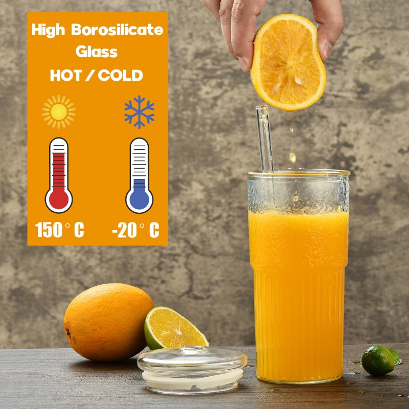 ALINK Glass Cups with Lids and Straws  22 oz High Borosilicate Clear Iced Coffee Glass Tumblers  Drinking Glass Smoothie Tea Water Cups  Pack of 2 with Cleaning Brush - Image 3