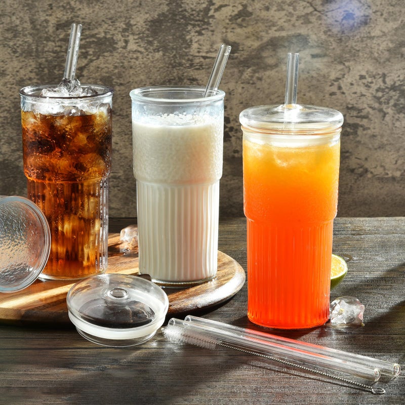 ALINK Glass Cups with Lids and Straws  22 oz High Borosilicate Clear Iced Coffee Glass Tumblers  Drinking Glass Smoothie Tea Water Cups  Pack of 2 with Cleaning Brush - Image 4