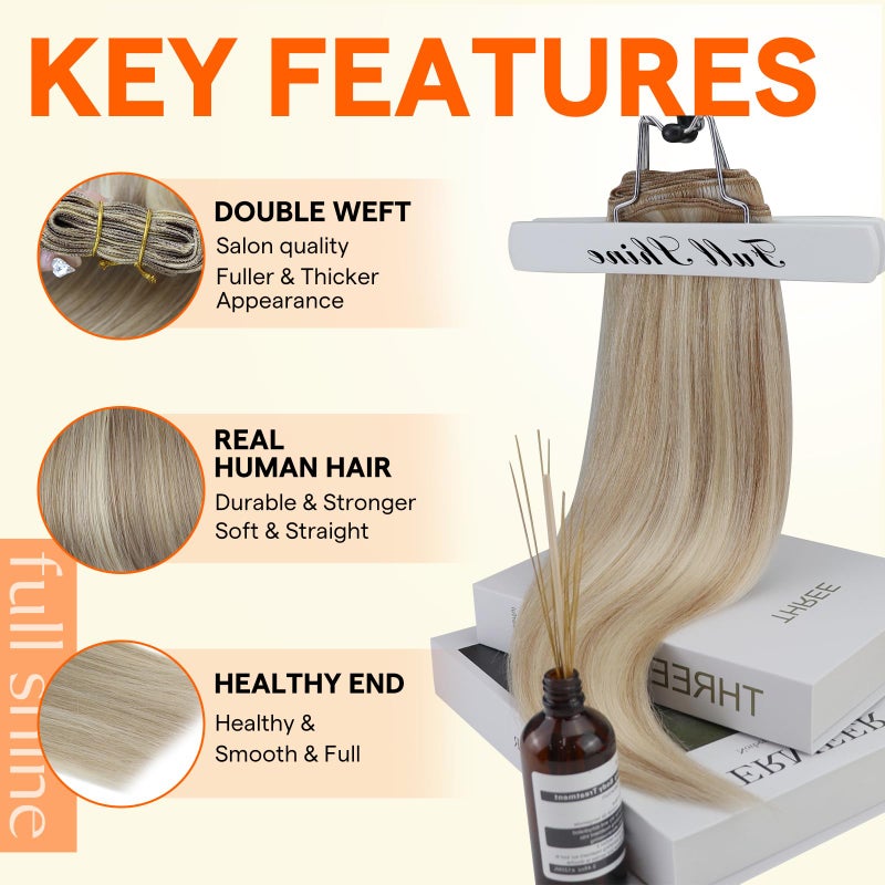 Full Shine Blonde Sew In Weft Hair Extensions Silky Straight Real Hair Wefts Human Hair 105 Grams Sew In Hair Extensions Ash Blonde Highlight Remy Hair Weft 24 Inch - Image 2