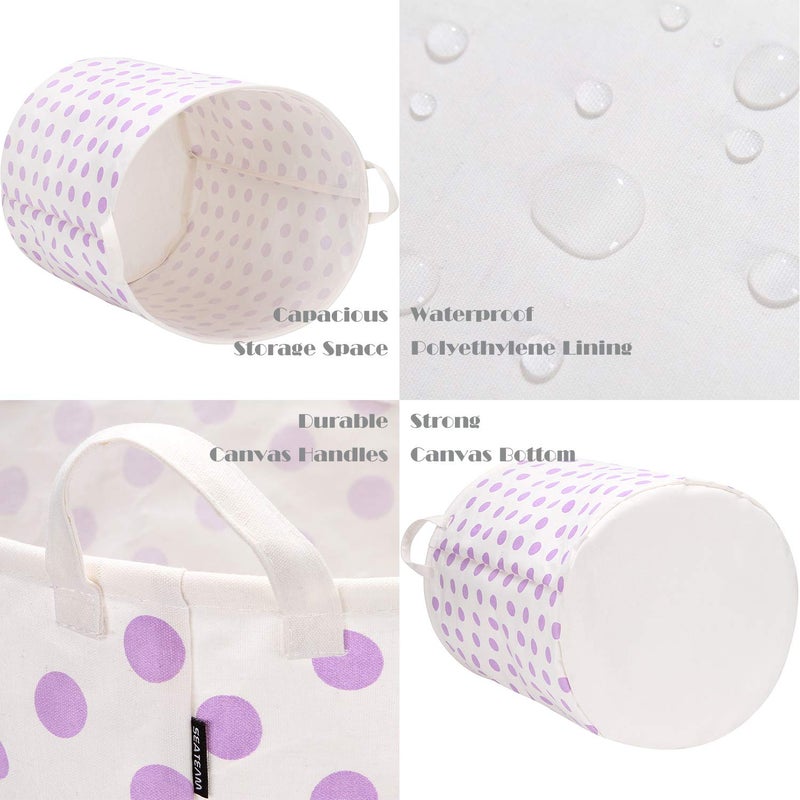 Sea Team 19.7 Inches Large Sized Waterproof Coating Ramie Cotton Fabric Folding Laundry Hamper Bucket Cylindric Burlap Canvas Storage Basket with Stylish Polka Dot Design (19.7", Purple) - Image 4