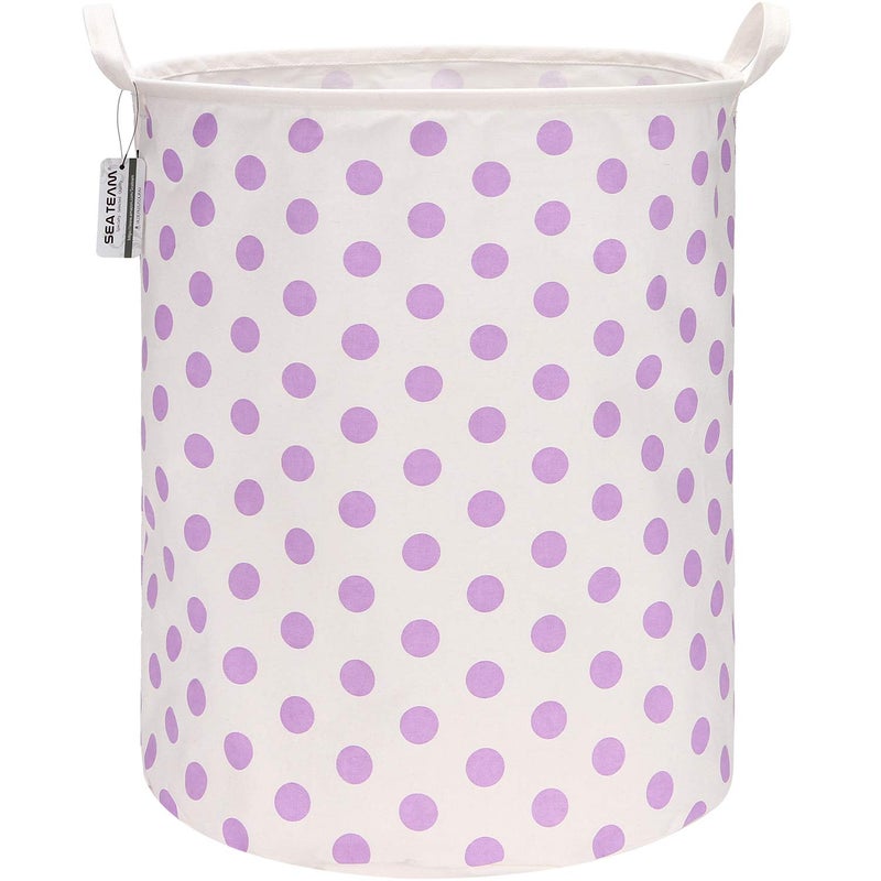Sea Team 19.7 Inches Large Sized Waterproof Coating Ramie Cotton Fabric Folding Laundry Hamper Bucket Cylindric Burlap Canvas Storage Basket with Stylish Polka Dot Design (19.7", Purple) - Image 1
