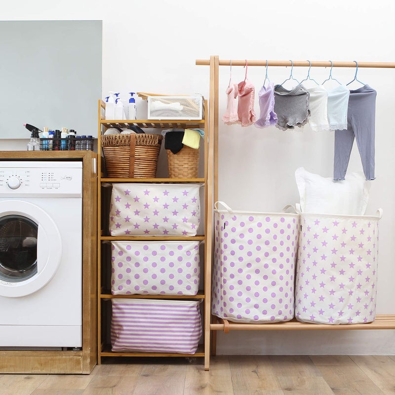Sea Team 19.7 Inches Large Sized Waterproof Coating Ramie Cotton Fabric Folding Laundry Hamper Bucket Cylindric Burlap Canvas Storage Basket with Stylish Polka Dot Design (19.7", Purple) - Image 2