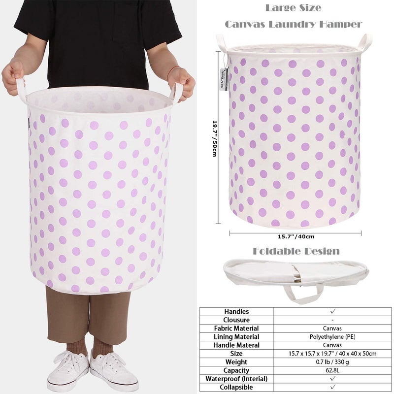 Sea Team 19.7 Inches Large Sized Waterproof Coating Ramie Cotton Fabric Folding Laundry Hamper Bucket Cylindric Burlap Canvas Storage Basket with Stylish Polka Dot Design (19.7", Purple) - Image 5