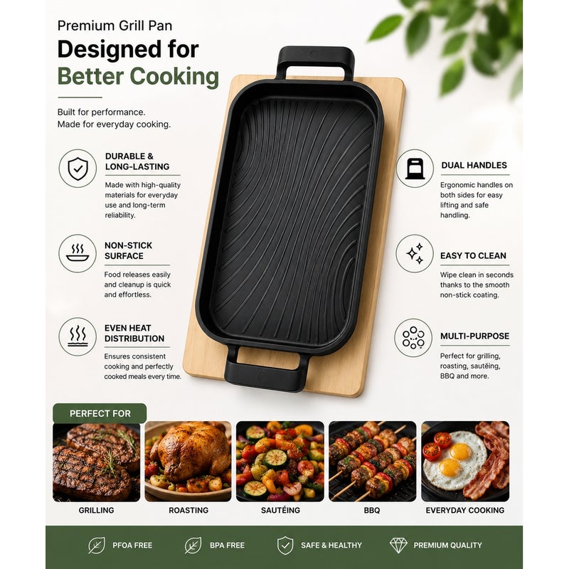 Non-Stick Rectangular Grill Pan with Wooden Serving Board 36x17 cm - 8032 - Image 5