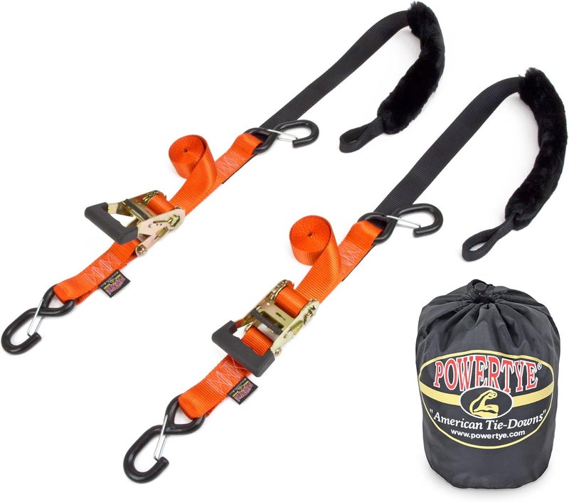 PowerTye 1½" x 6.5ft Rubber Handle Ratchet Tie-Down with SHEEPTEX Soft-Tye, 2 Heavy-Duty Latch Hooks, Orange - Image 1