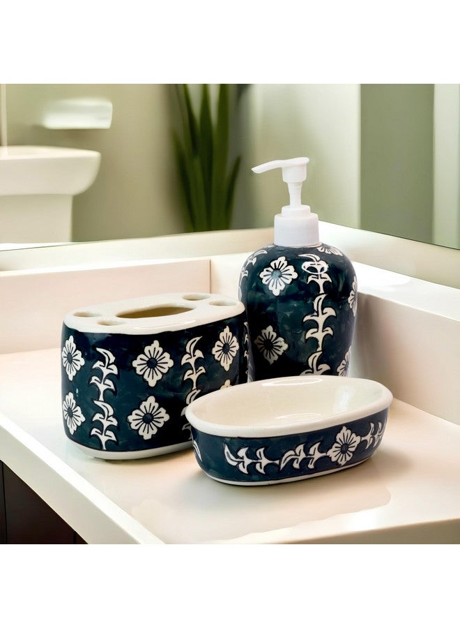 Kaolinite Ceramic Bathroom Accessories Set for Utility and Bathroom Decor | Liquid Soap Dispenser, soap Tray, Toothbrush Holder (Premium Bathroom Set) (Blue) - Image 1