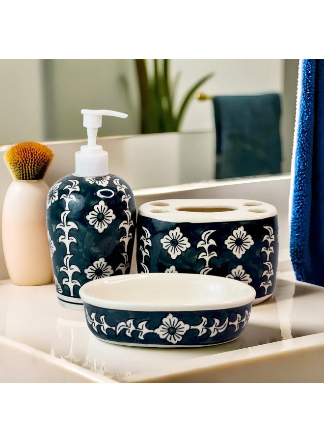 Kaolinite Ceramic Bathroom Accessories Set for Utility and Bathroom Decor | Liquid Soap Dispenser, soap Tray, Toothbrush Holder (Premium Bathroom Set) (Blue) - Image 2