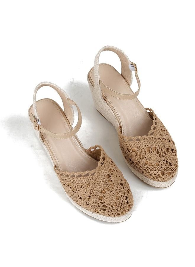 Closed Toe  Mesh  Espadrille Wedges Sandals Camel