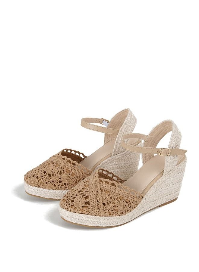 Closed Toe  Mesh  Espadrille Wedges Sandals Camel