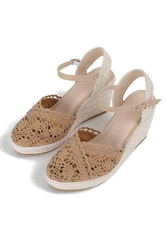 Closed Toe  Mesh  Espadrille Wedges Sandals Camel