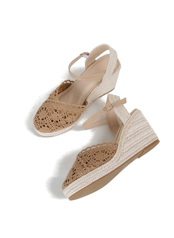 Closed Toe  Mesh  Espadrille Wedges Sandals Camel