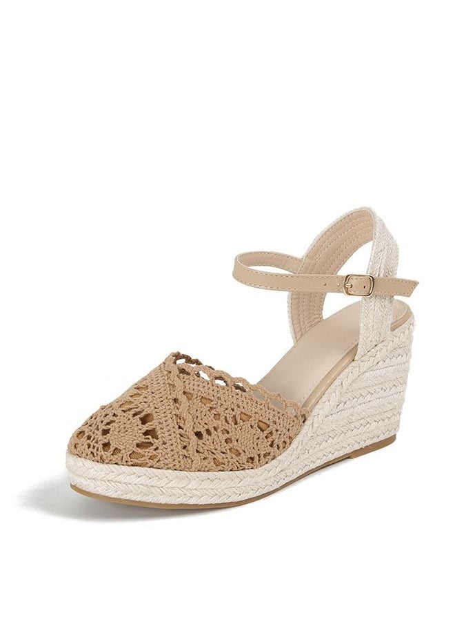 Closed Toe  Mesh  Espadrille Wedges Sandals Camel
