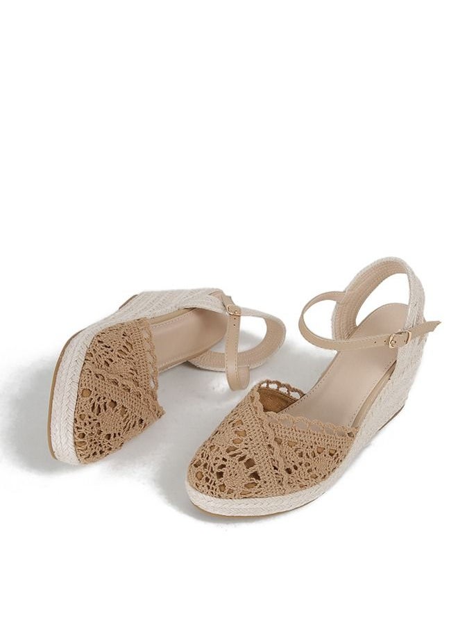 Closed Toe  Mesh  Espadrille Wedges Sandals Camel
