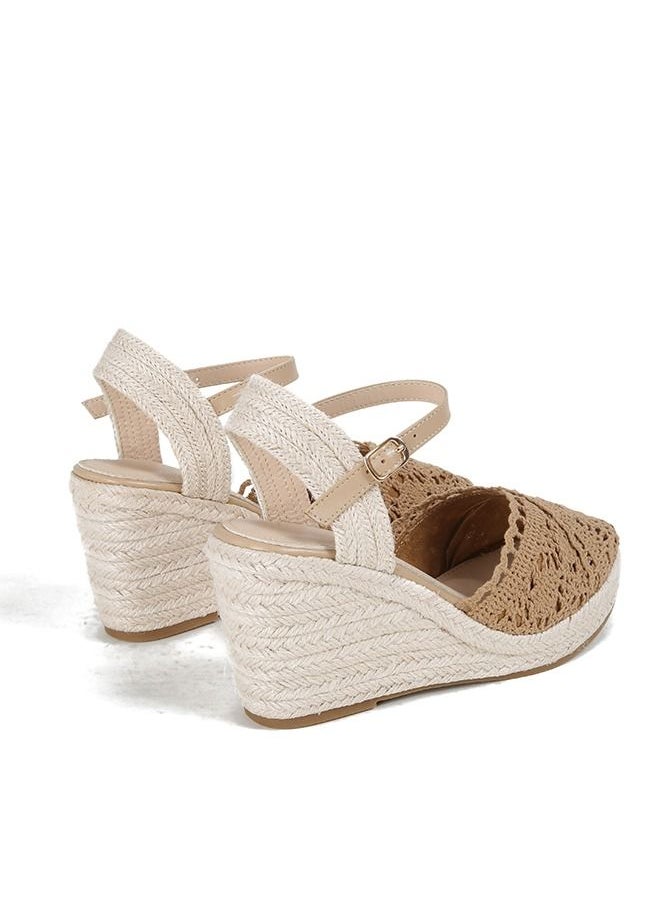 Closed Toe  Mesh  Espadrille Wedges Sandals Camel