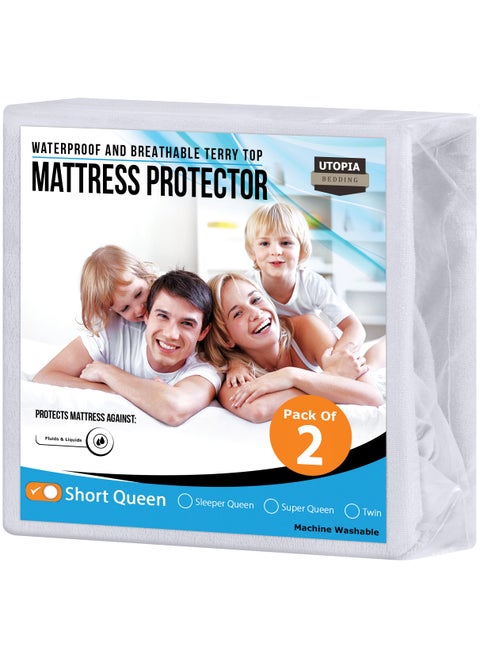 Utopia Bedding Waterproof Mattress Protector Short Queen Size 2 Pack  200 GSM Breathable Terry Mattress Cover  Fitted Style with Stretchable Pockets (White)