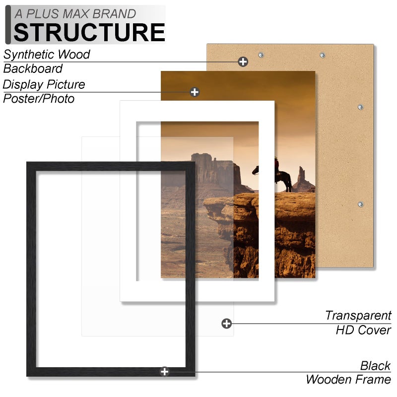 A PLUS MAX 8x10 Picture Frame Set of 2, Black Engineered Wood Frame for 8 x 10 Inch Picture Poster Photo, Light Weight 8 by 10 Frame with Wood-grain for Wall - 2 Pack/Black/8"x10" - Image 3
