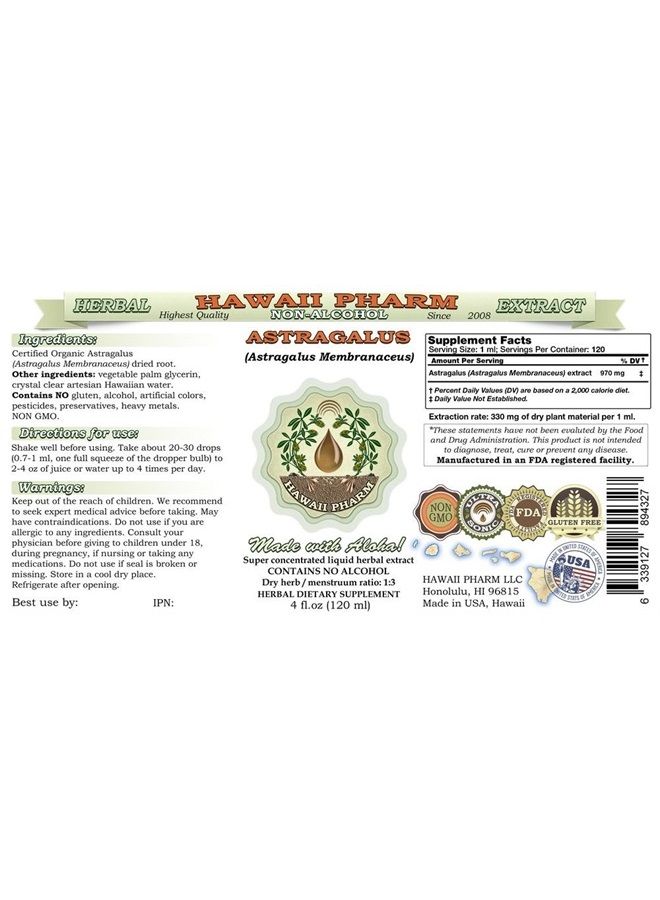 HawaiiPharm Astragalus Alcohol-Free Liquid Extract, Organic Astragalus (Astragalus membranaceus) Dried Root Glycerite 2 oz - Image 2