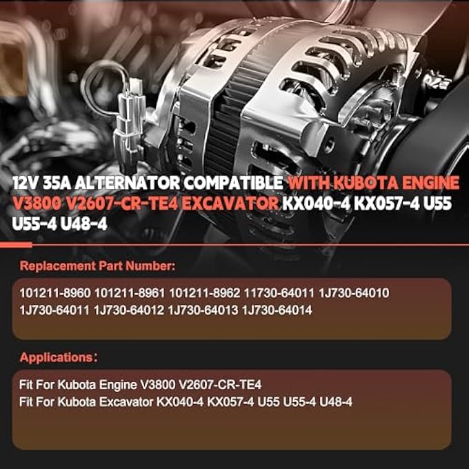 otobaijeni 101211-8960 11730-64011 Alternator 12V 35A Compatible with Kubota Engine V3800 V2607-CR-TE4 Engine Excavator KX040-4 KX057-4 U55 U55-4 U48-4 Replaces Parts - Image 2