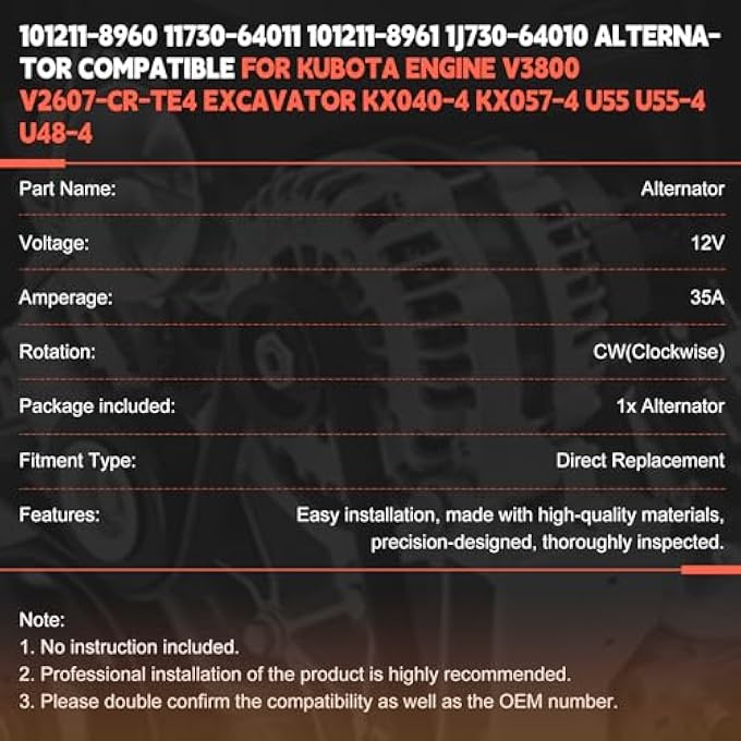 otobaijeni 101211-8960 11730-64011 Alternator 12V 35A Compatible with Kubota Engine V3800 V2607-CR-TE4 Engine Excavator KX040-4 KX057-4 U55 U55-4 U48-4 Replaces Parts - Image 3