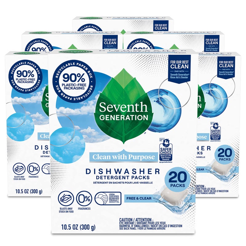 Seventh Generation Dishwasher Detergent Packs Free Clear Pack of 6 for sparkling dishes Dishwasher tabs 20 count