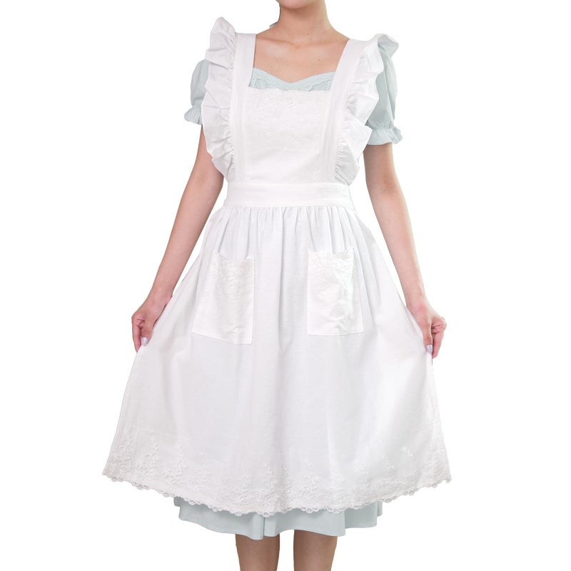 Aoomzoon Aoomzoom Vintage Aprons for Woman with Pockets Cute Lace Ruffle Adjustable Apron for Cooking Kitchen Baking Gardening (White) - Image 1