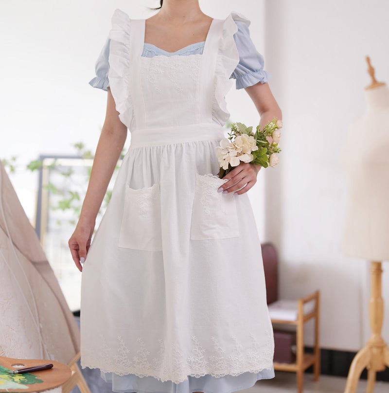 Aoomzoon Aoomzoom Vintage Aprons for Woman with Pockets Cute Lace Ruffle Adjustable Apron for Cooking Kitchen Baking Gardening (White) - Image 3