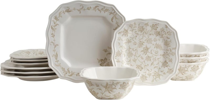 222 Fifth 225 Fifth Batik Toile Taupe Porcelain 12Piece Dinnerware Set  Service for 4 Includes Dinner Plates Salad Plates  Cereal Bowls Glossy Finish Dishwasher Safe for Everyday Dining  Entertainment - Image 1