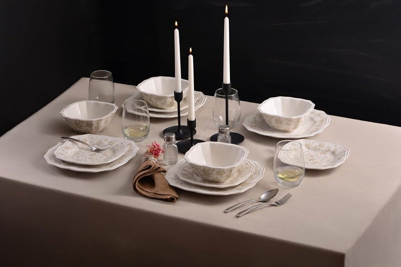 222 Fifth 225 Fifth Batik Toile Taupe Porcelain 12Piece Dinnerware Set  Service for 4 Includes Dinner Plates Salad Plates  Cereal Bowls Glossy Finish Dishwasher Safe for Everyday Dining  Entertainment - Image 4