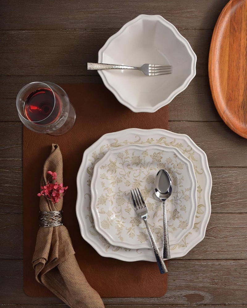 222 Fifth 225 Fifth Batik Toile Taupe Porcelain 12Piece Dinnerware Set  Service for 4 Includes Dinner Plates Salad Plates  Cereal Bowls Glossy Finish Dishwasher Safe for Everyday Dining  Entertainment - Image 3