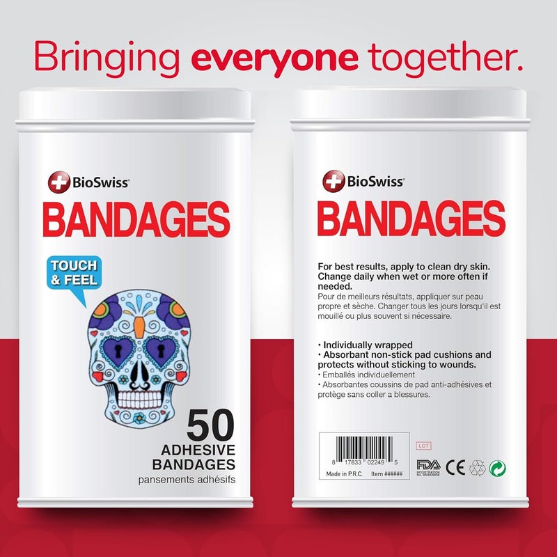 BioSwiss لصقات بيو سويس على شكل جماجم لاصقة ذاتيًا خالية من اللاتكس معقمة للعناية بالجروح مجموعة إسعافات أولية ممتعة للأطفال 50 قطعة - Image 3
