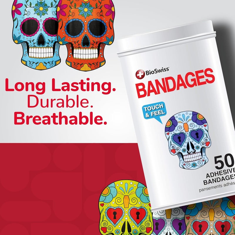BioSwiss لصقات بيو سويس على شكل جماجم لاصقة ذاتيًا خالية من اللاتكس معقمة للعناية بالجروح مجموعة إسعافات أولية ممتعة للأطفال 50 قطعة - Image 5