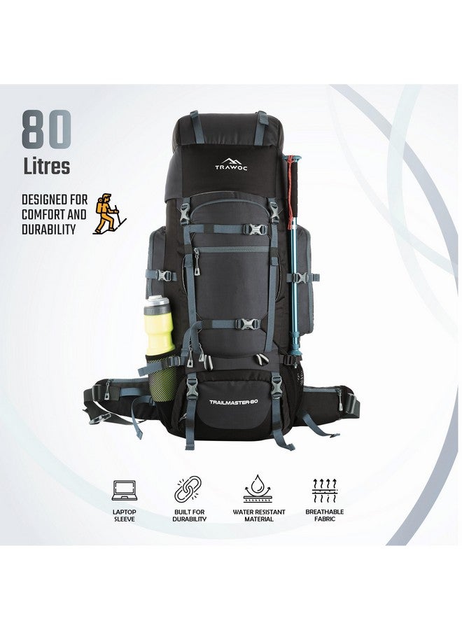 Trawoc حقيبة ظهر TRAWOC TRAILMASTER سعة 80 لتر للرجال والنساء، حقيبة مشي كبيرة مقاومة للماء، حقيبة سفر، رمادي، ضمان 3 سنوات - Image 4